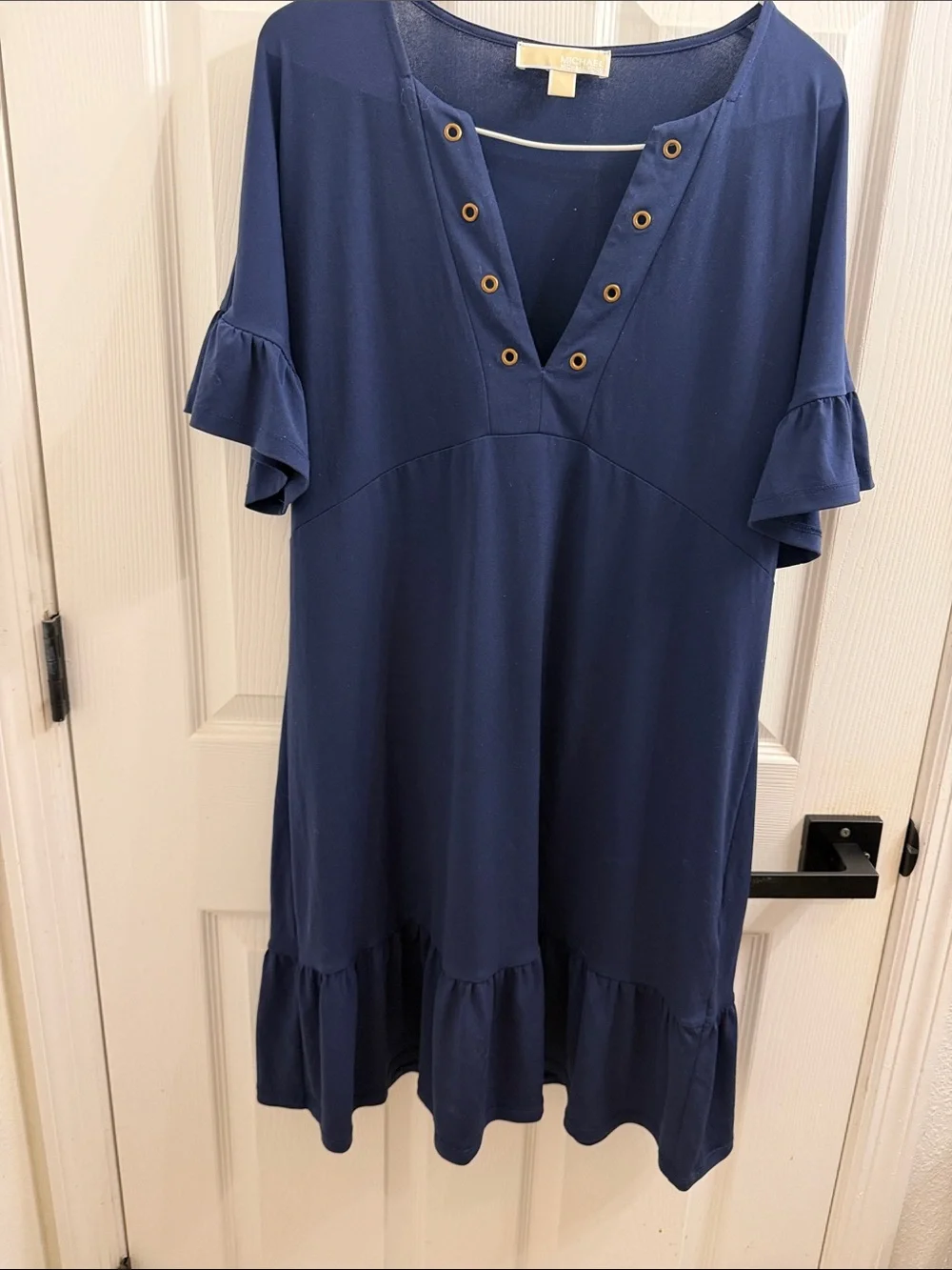 Michael Kors Navy V-Neck Ruffle Hem Midi Dress